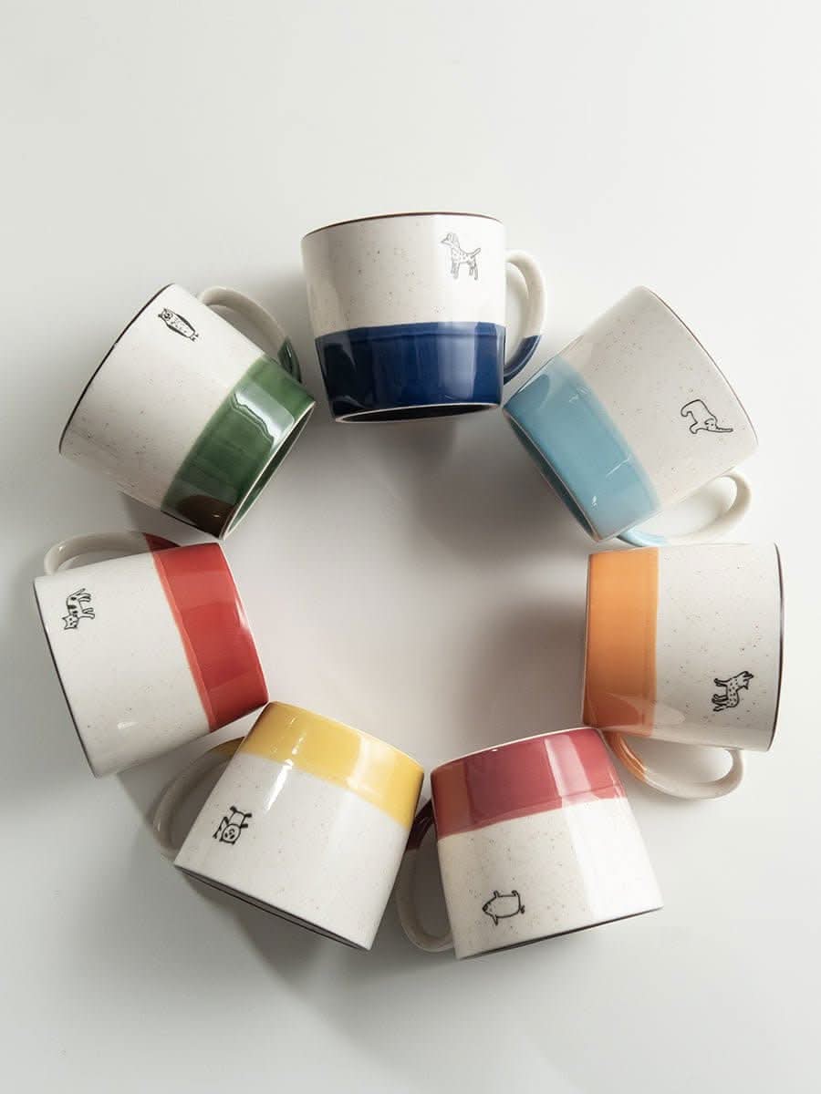 Japan Minoyaki animal mugs: Owl, Cat, Dog, Elephant mugs in colorful ceramic designs.